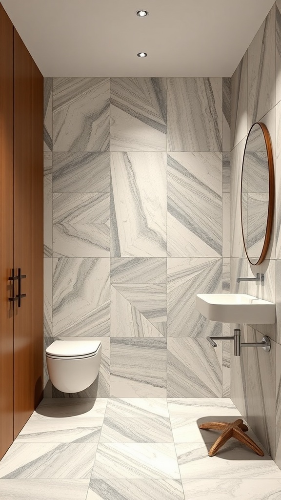 A modern men's bathroom featuring geometric patterned tiles in gray and white, with a wooden cabinet and a round mirror.