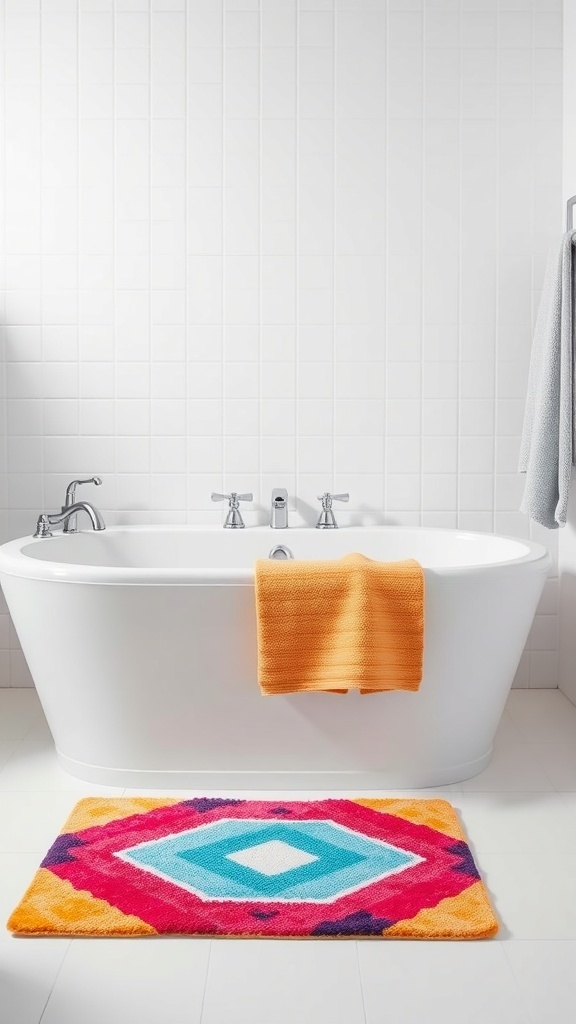 A colorful bath mat with a diamond pattern in front of a white bathtub, complemented by an orange towel.