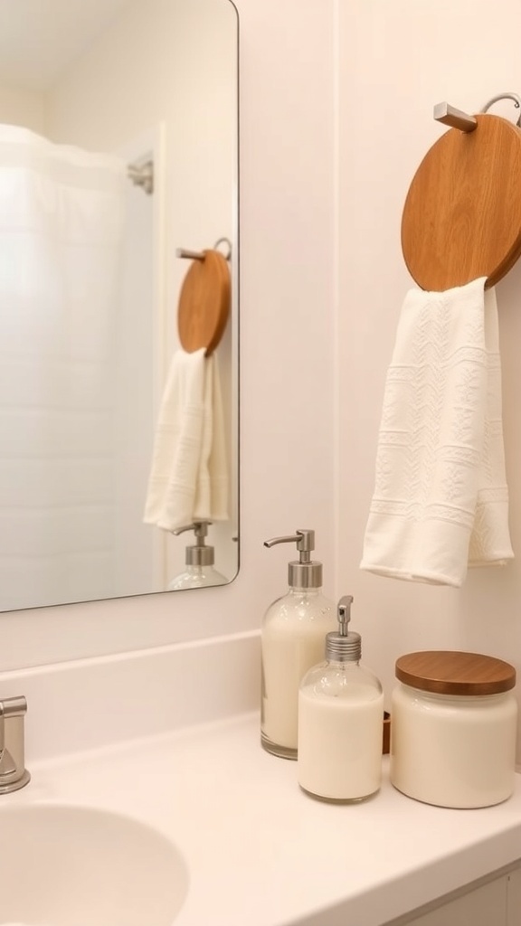 A minimalist bathroom counter with a wooden towel holder, white towel, and stylish containers.