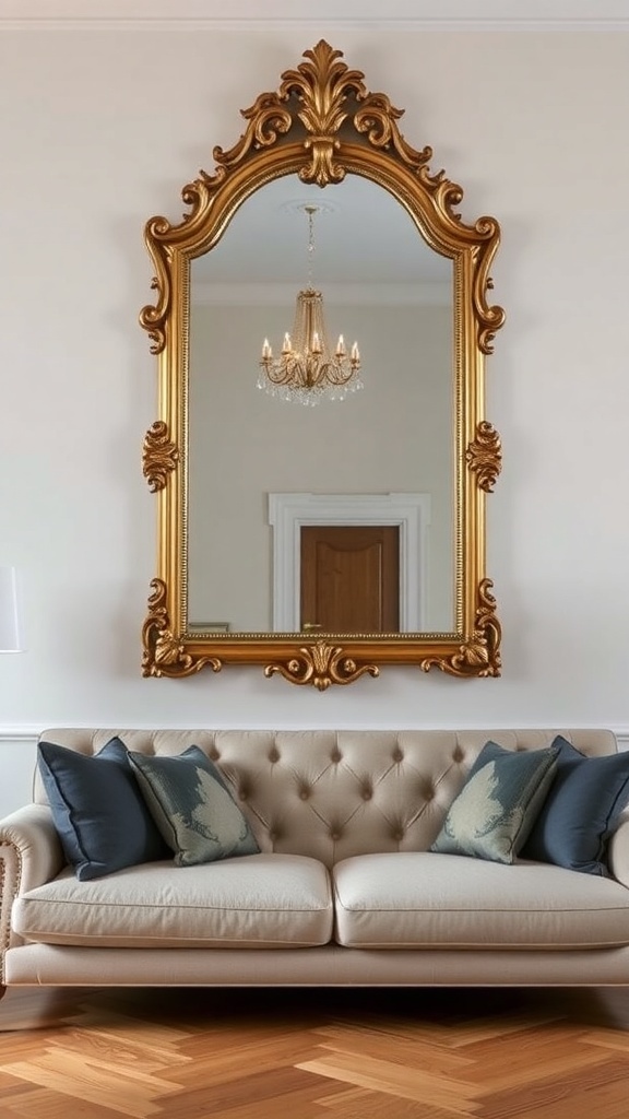A large ornate golden wall mirror above a beige tufted sofa with blue pillows in a stylish living room.