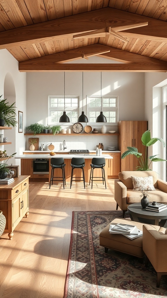 Open concept kitchen and living area with wooden accents and modern decor