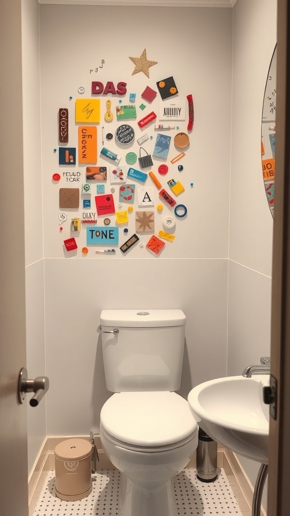 Colorful DIY wall art in a small bathroom, featuring various stickers and items arranged creatively.
