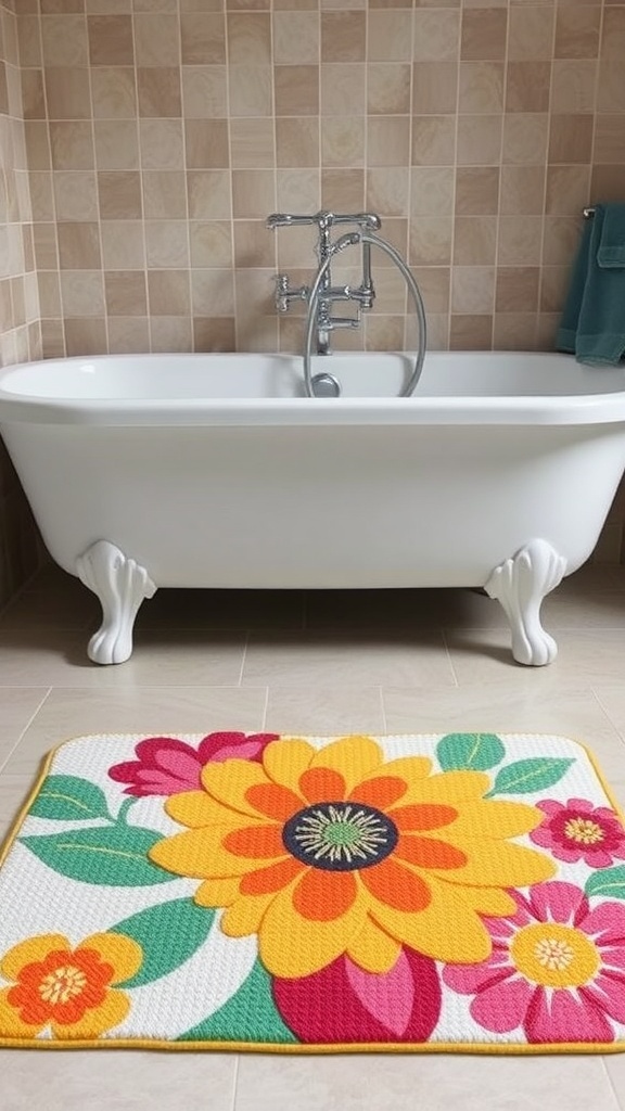 A colorful floral bath mat in front of a clawfoot bathtub.