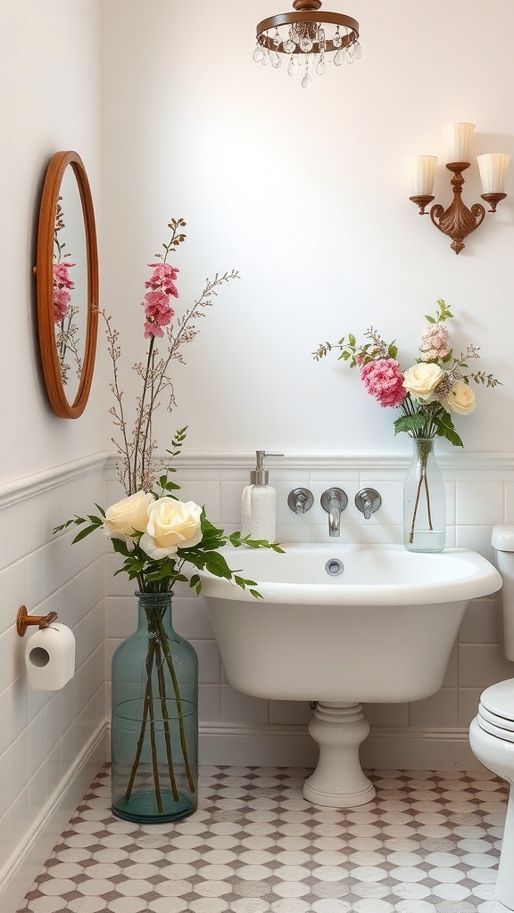A charming bathroom with floral arrangements, featuring a vintage bathtub and elegant decor.