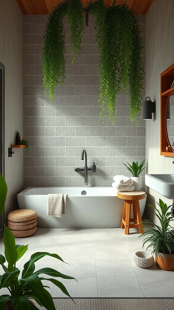 A serene bathroom with hanging plants, a white bathtub, wooden accents, and neutral tiles.