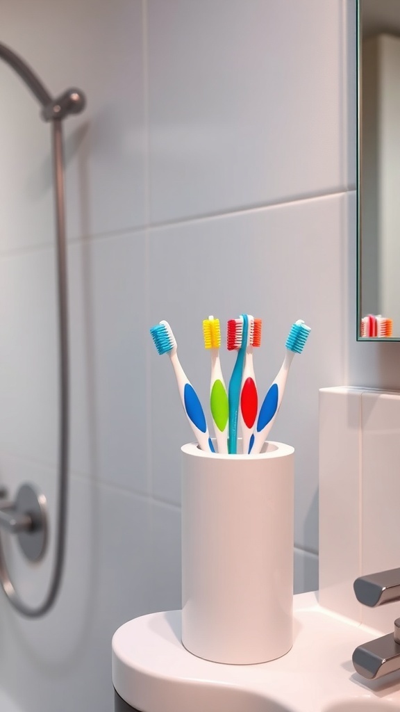 A white toothbrush holder with colorful toothbrushes in a modern bathroom setting.