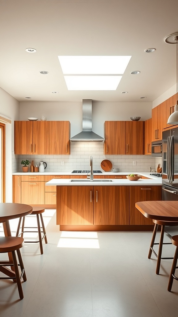 Functional kitchen island in a mid century modern kitchen with warm wood cabinets and modern fixtures.