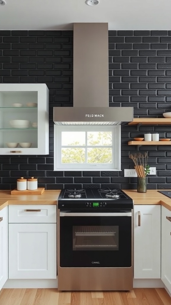 A modern kitchen featuring a black brick wall backsplash, white cabinets, and wooden countertops.