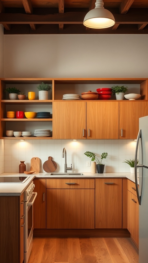 Mid century modern kitchen with open shelving displaying colorful dishes and warm wood cabinets.