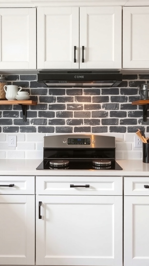 Monochrome brick backsplash in a modern kitchen with white cabinets and wood accents.