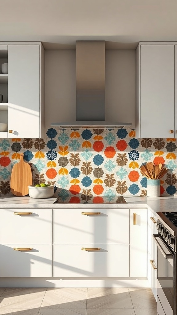 Colorful patterned backsplash in a modern kitchen