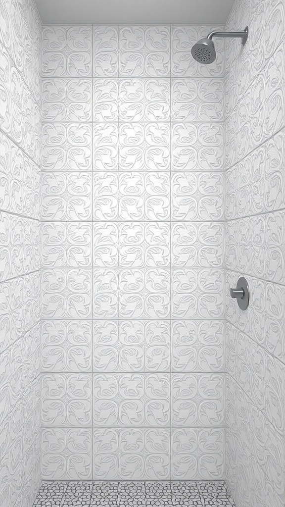 Shower area with white patterned tiles and a sleek showerhead