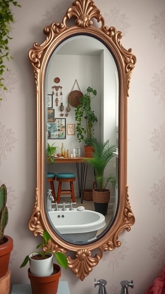 A vintage mirror with an intricate frame reflecting a cozy bathroom setup with plants and a bathtub.