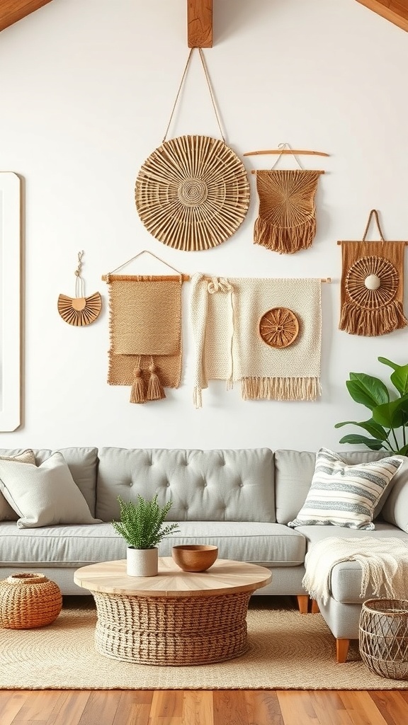 A cozy farmhouse living room featuring textured wall hangings in various natural materials.