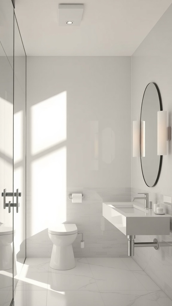 A modern bathroom featuring a round mirror, bright lighting, and minimalist decor.