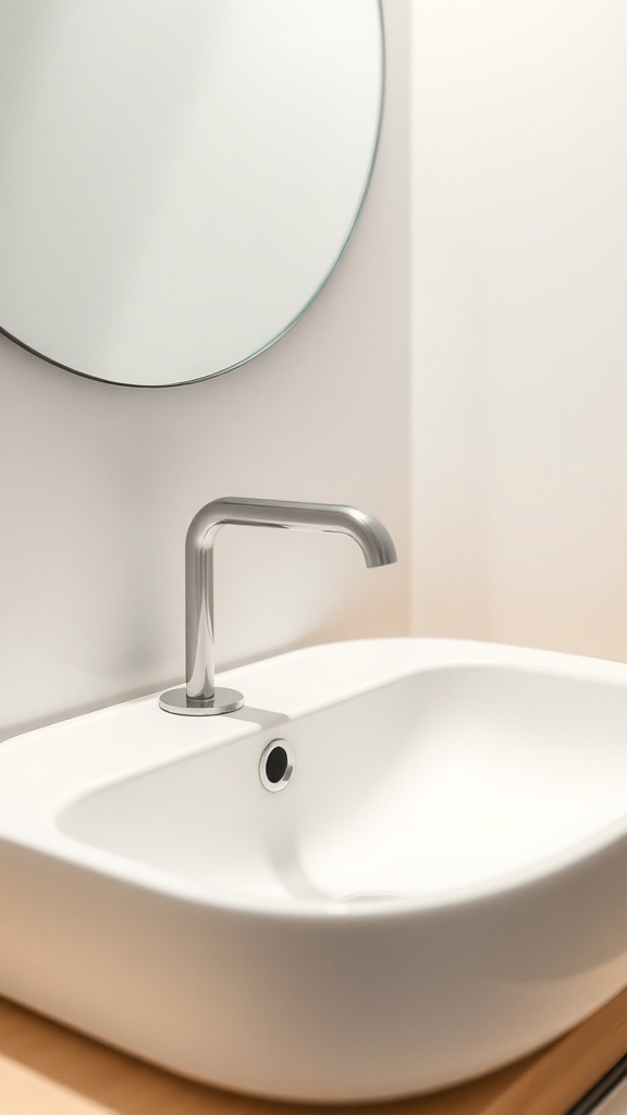 A modern faucet above a minimalist sink with a round mirror in the background.