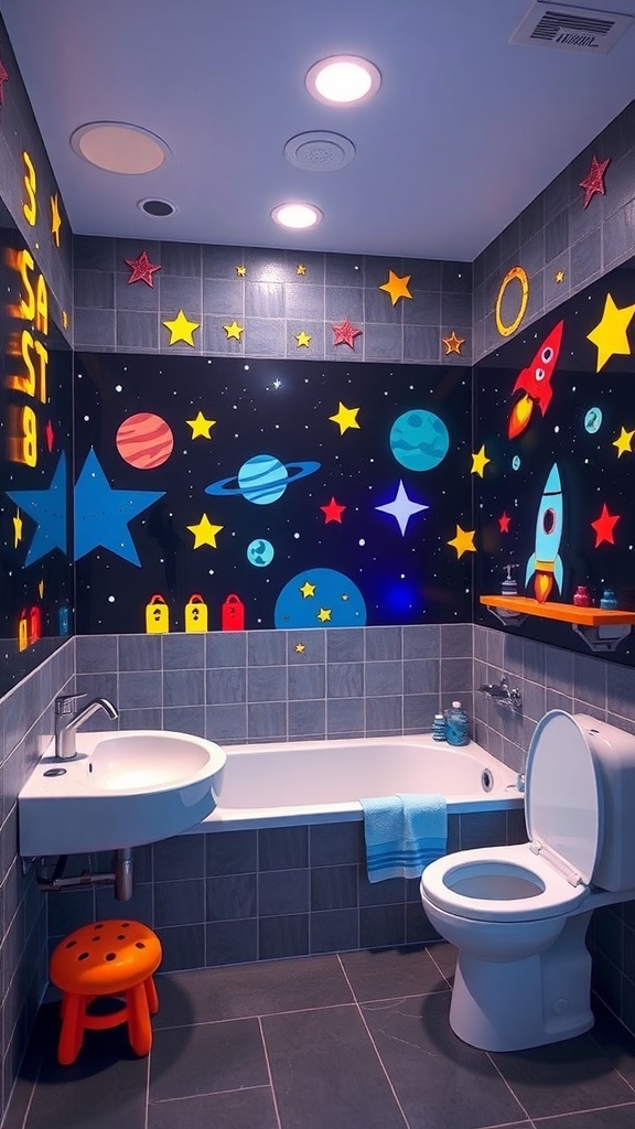 A colorful bathroom with space-themed decor featuring stars, planets, and a rocket ship.