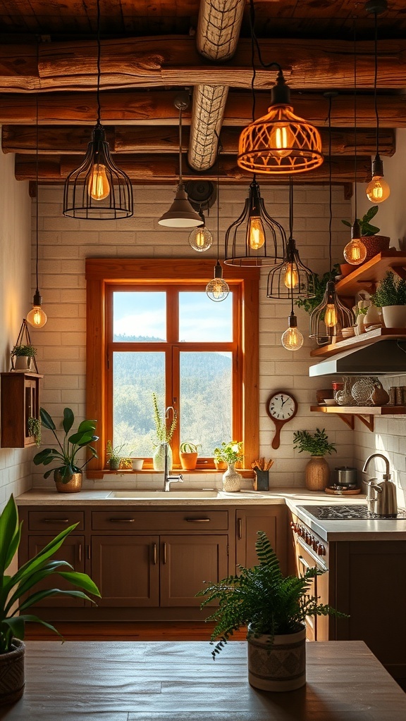 Eclectic lighting fixtures in a cozy boho kitchen with natural materials and earthy tones.