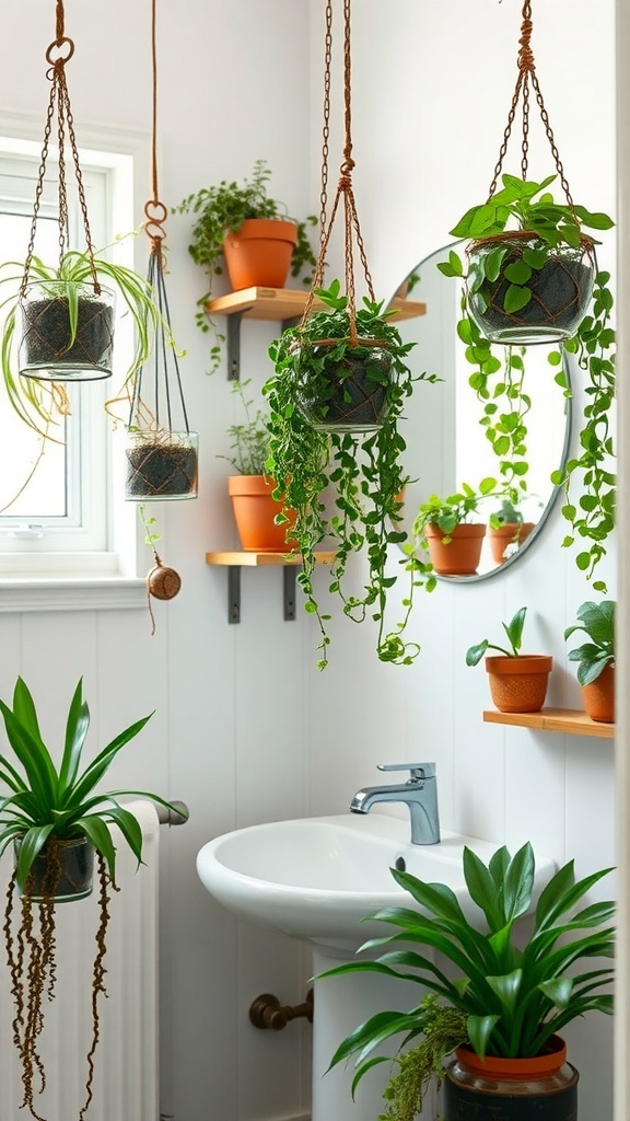 A bright bathroom with hanging plants and terrariums, showcasing greenery and a stylish decor.