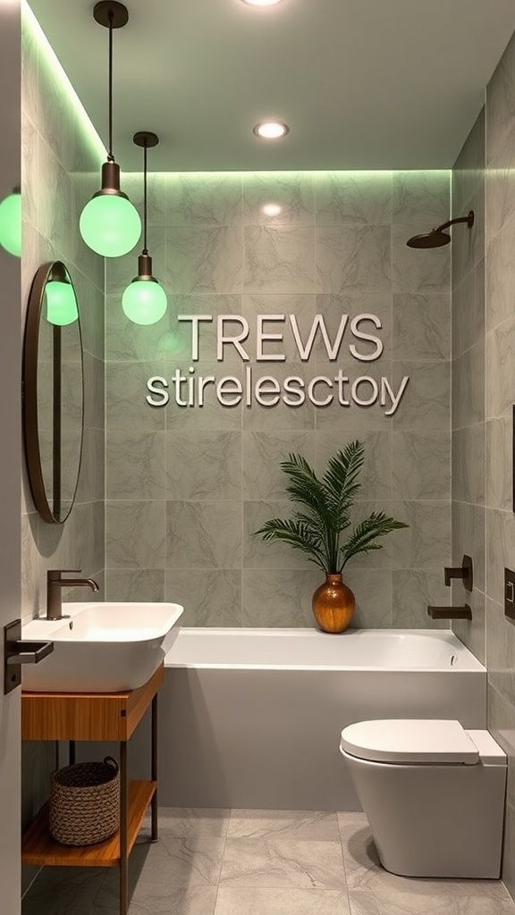 A modern bathroom featuring sage green lighting fixtures and decor.