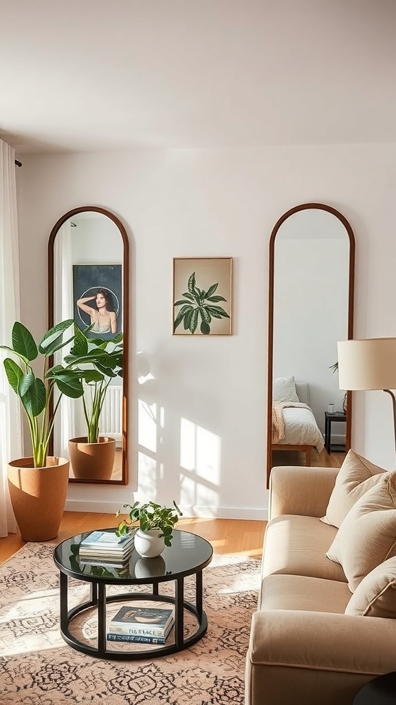 A cozy living room featuring two tall arched mirrors, plants, and a round coffee table.