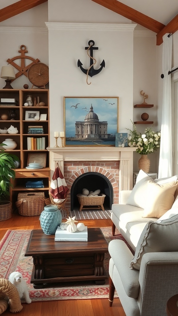 Coastal farmhouse living room with nautical decor accents, featuring an anchor, artwork, and natural materials.