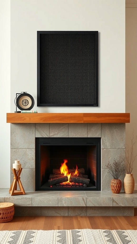 A modern fireplace with a black mesh panel and wooden mantel, featuring a cozy fire.