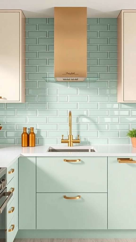 A modern kitchen featuring pistachio green backsplash panels with gold accents.