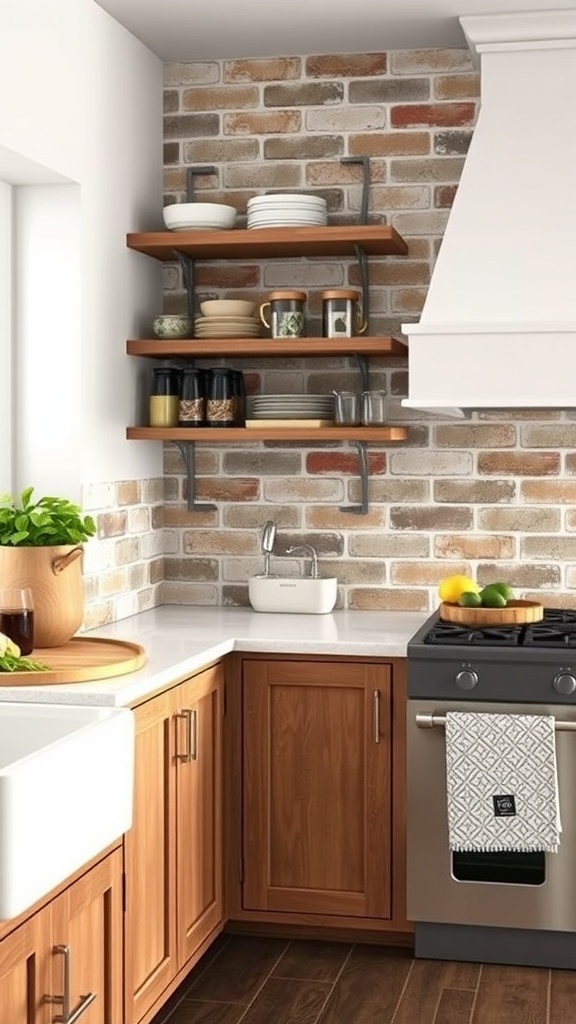 Rustic kitchen with a brick backsplash and wooden cabinets