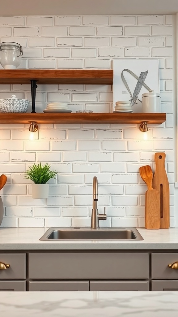 A kitchen with rustic subway tile backsplash in soft white, wooden shelves, and modern fixtures.