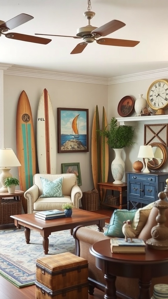 A cozy coastal farmhouse living room featuring vintage surfboards, a comfortable armchair, and decorative coastal elements.