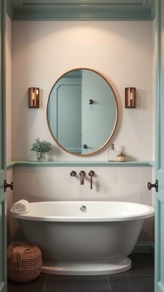 A stylish bathroom featuring muted teal accents, a freestanding tub, and modern fixtures.