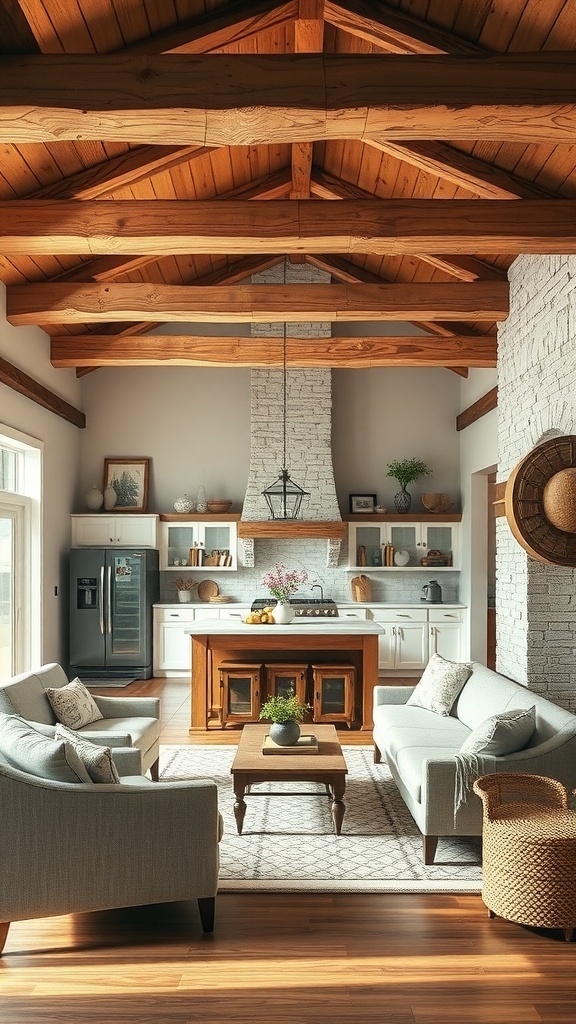 Stylish rustic kitchen and living room combo with wood beams and stone accents