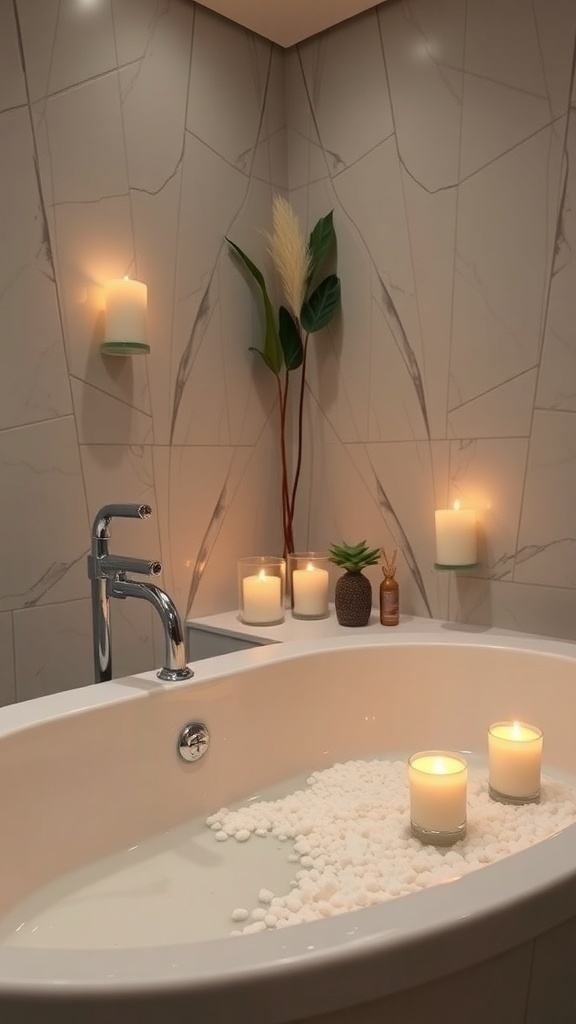 A serene bathroom with a bathtub filled with bath salts, surrounded by candles and a plant, creating a calming atmosphere.