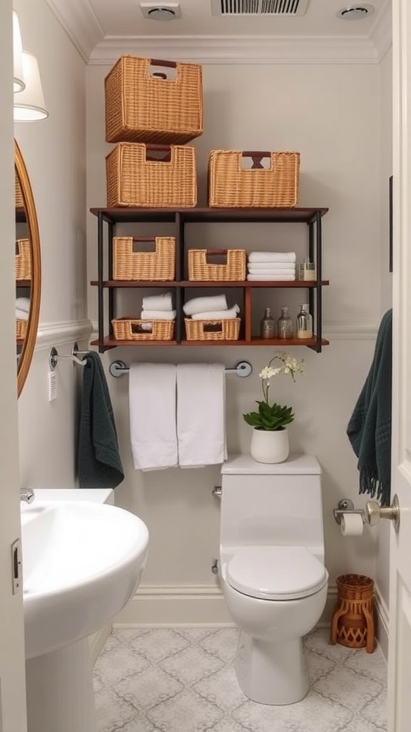 Aesthetic bathroom with functional storage solutions, featuring shelves with baskets and neatly arranged towels.