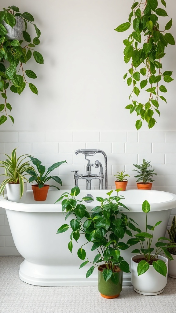 A modern bathroom with a white tub surrounded by various potted plants, creating a fresh and natural atmosphere.