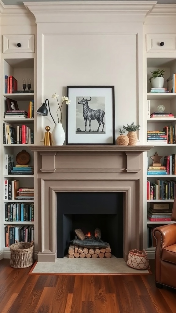 A stylish fireplace framed by built-in shelves filled with books and decorative items.