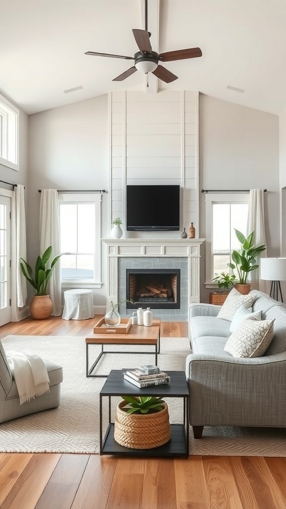 A coastal farmhouse living room featuring a mix of modern and rustic elements, including a gray sofa, wooden flooring, and a fireplace.