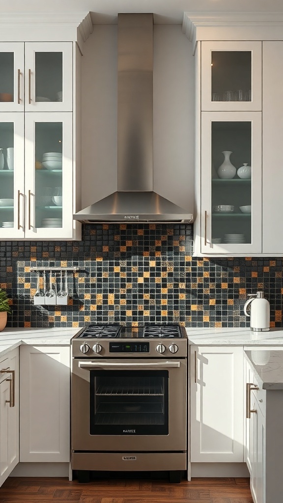 A stylish kitchen featuring a black and gold mosaic backsplash with white cabinets and a stainless steel stove.