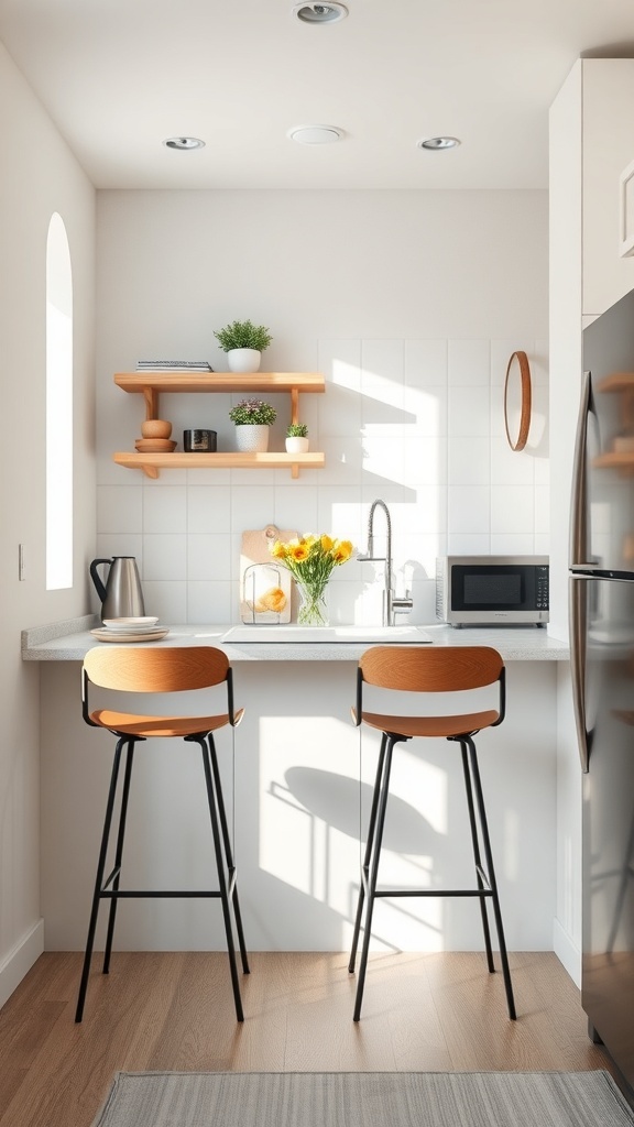 A small kitchen featuring bar stools, bright natural light, and a modern minimalist design with wall-mounted shelves.
