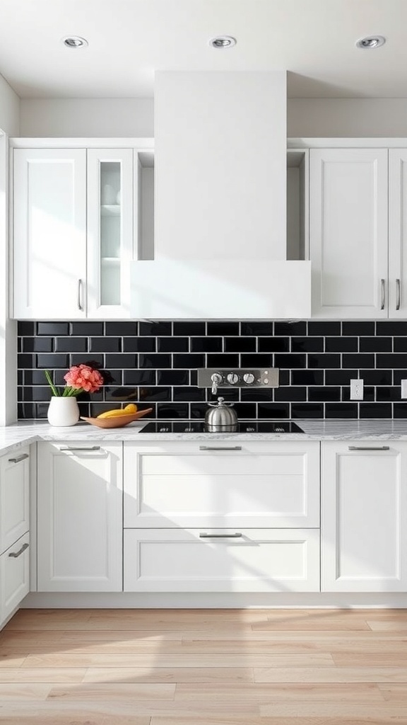 Modern kitchen with black and white striped backsplash, white cabinets, and a marble countertop.