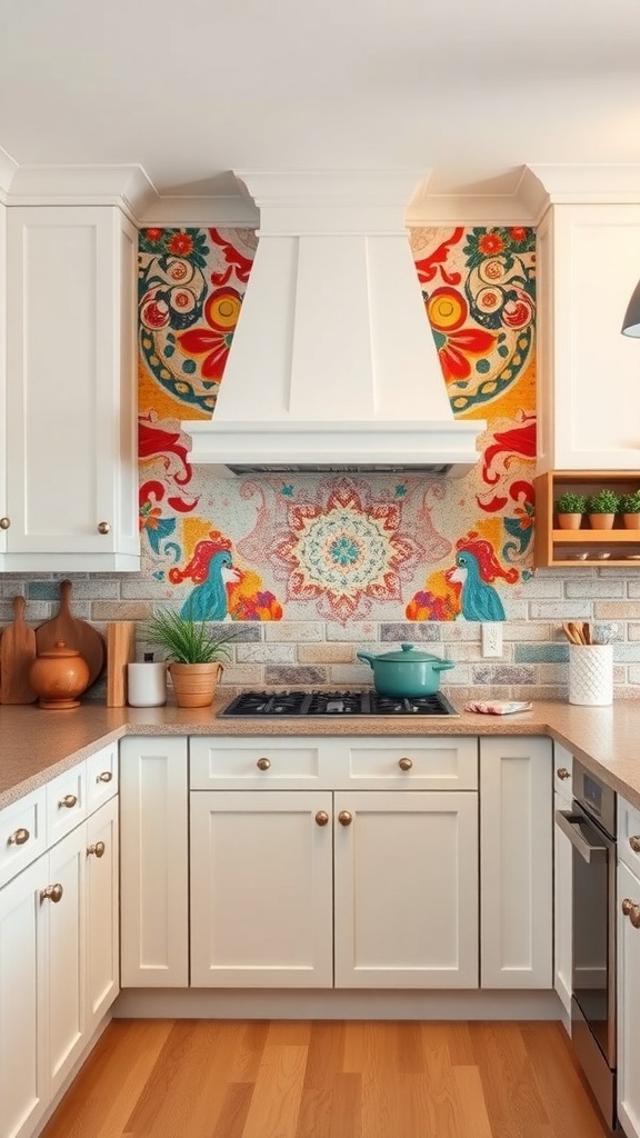 A colorful mural brick backsplash in a stylish kitchen with white cabinets and wood accents.