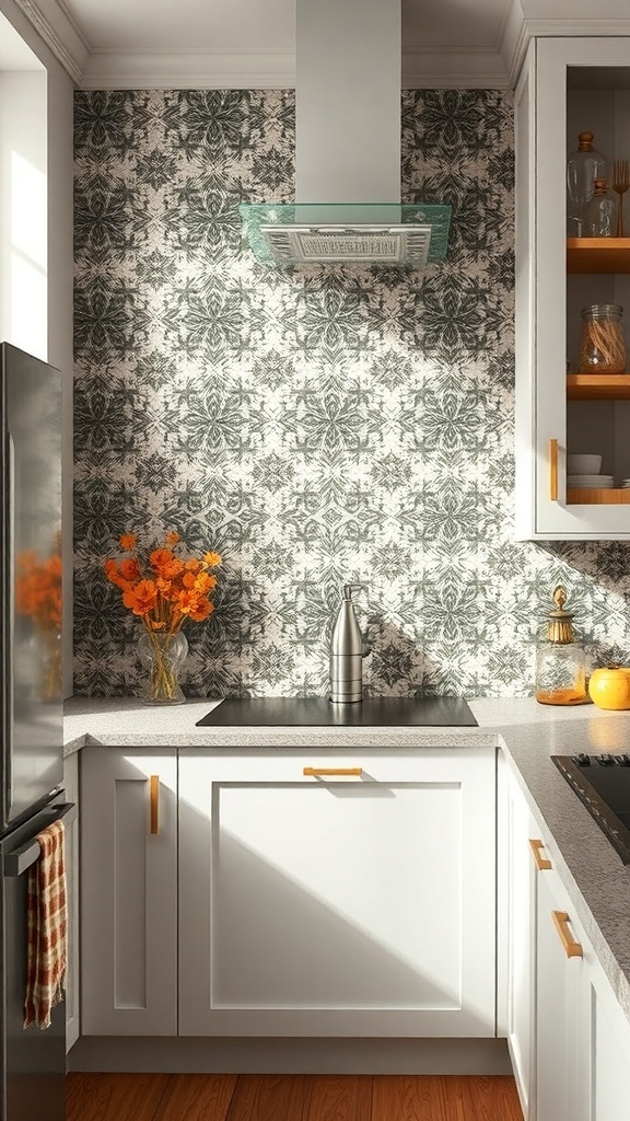 A vintage-inspired backsplash with a floral pattern in a modern kitchen setting.