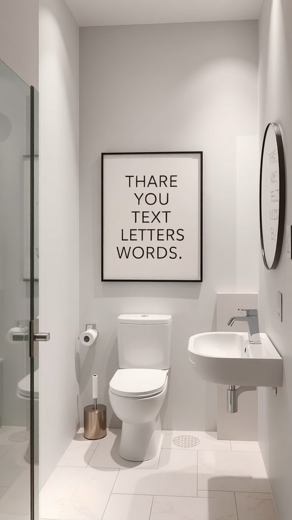 A modern bathroom featuring minimalist artwork with the text 'THARE YOU TEXT LETTERS WORDS' framed on the wall.