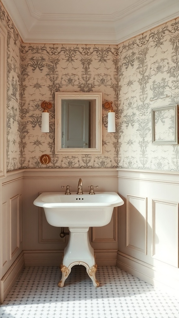 A vintage bathroom featuring intricate wallpaper, a classic sink, and elegant wall treatments.