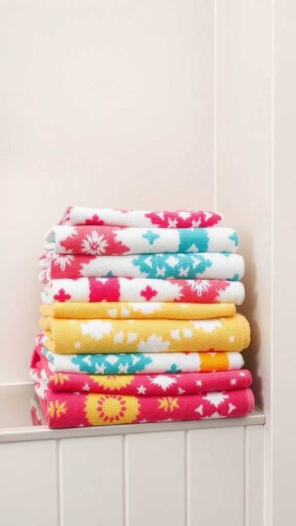 A stack of colorful towels in pink, yellow, and teal with fun patterns.