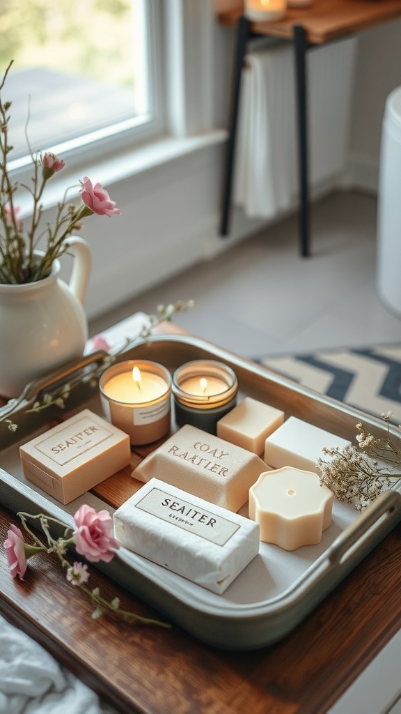 A decorative tray with handmade soaps and candles, featuring flowers in a cozy bathroom setting.