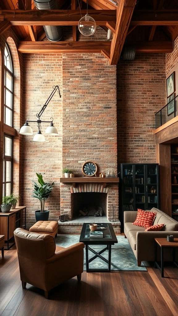 A cozy living room featuring exposed brick walls, rustic wooden beams, and modern furniture.