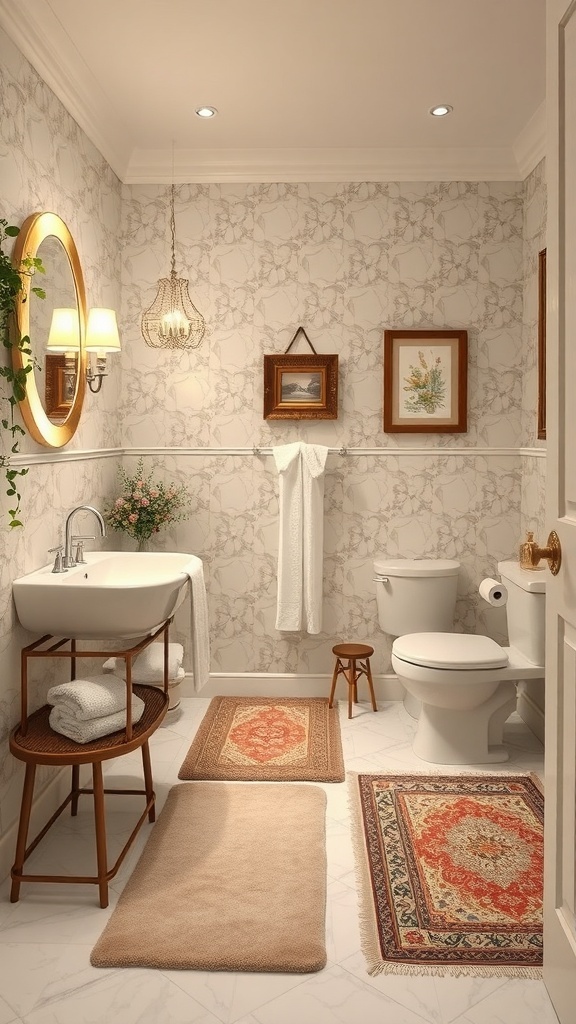 Aesthetic bathroom featuring luxury textiles and accessories, including rugs, towels, and elegant lighting.