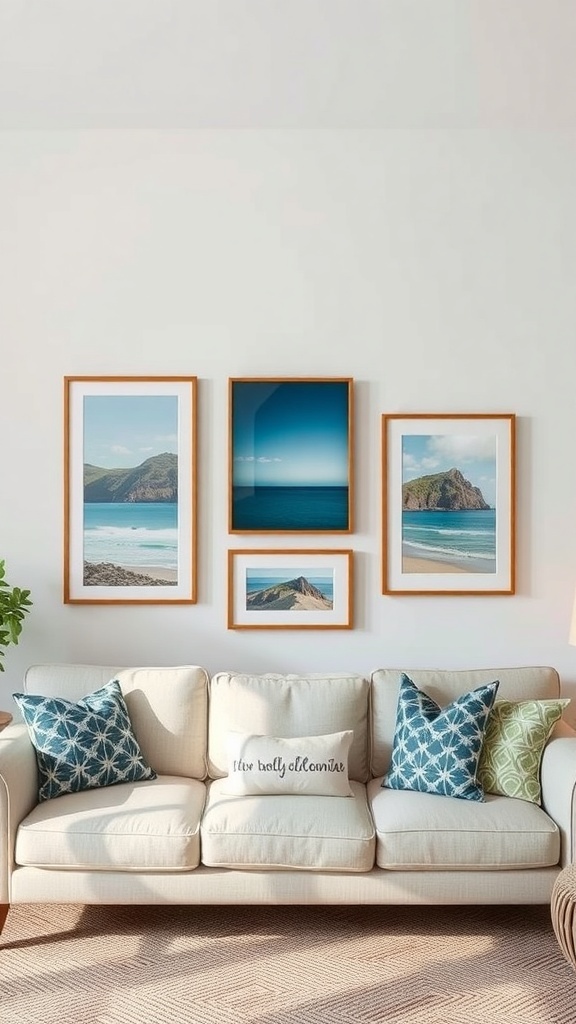 A coastal farmhouse living room featuring a couch with decorative pillows and a wall adorned with framed coastal photographs.
